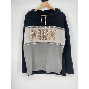 Victoria's Secret PINK Black White‎ Gold Sequined Hooded Sweatshirt Size L Y2K